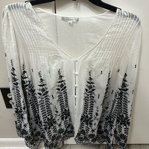 Johnny Was Ivory and Black Floral Embroidered Blouse